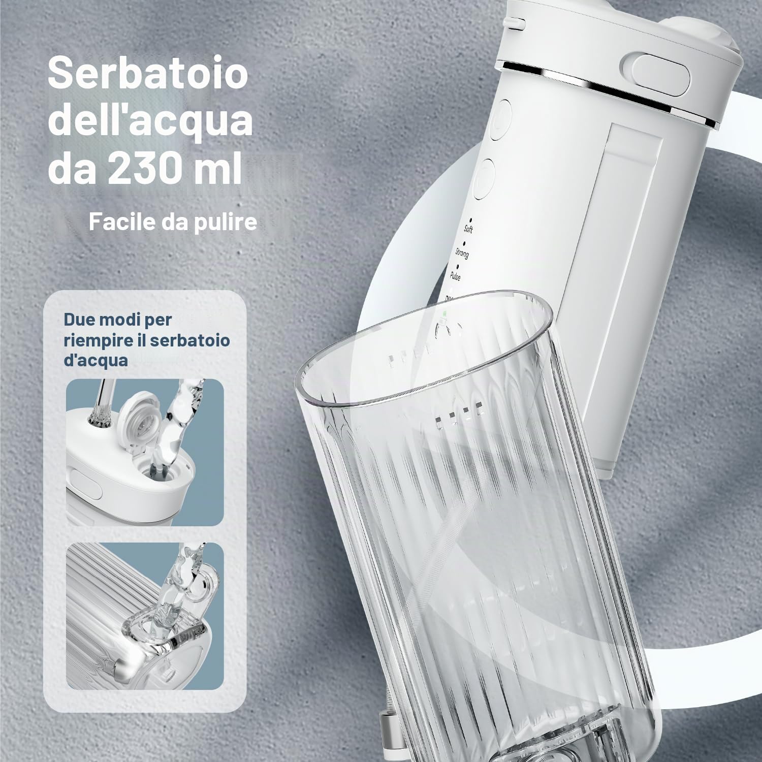 JTF Idropulsore Dentale Mini, Portatile Irrigatore Dentale Viaggio con 5 Ugelli Ricambio, 4 Modalità, IPX7 Impermeabile, 230 ML Erbatoio Dell'acqua Retrattile (Bianco)
