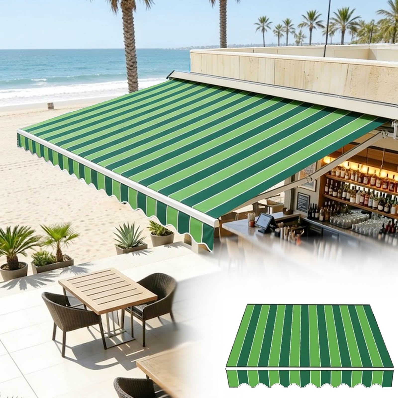 Retractable Awning Replacement Fabric (Fabric only), Outdoor Awning Deck Curtain Awning Fabric, Waterproof Polyester Canvas, Suitable for Shops, Patio, Restaurants, Gardens(Green stripe,250x200cm)
