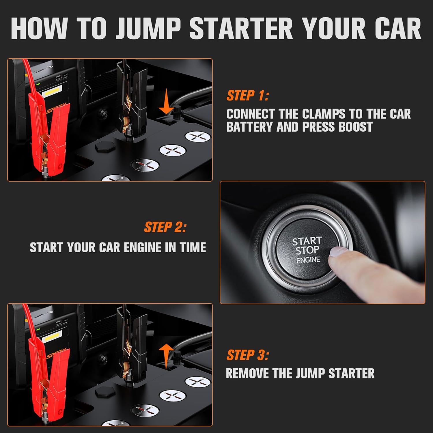 Steps to jump start a car using AsperX 6000A Jump Starter