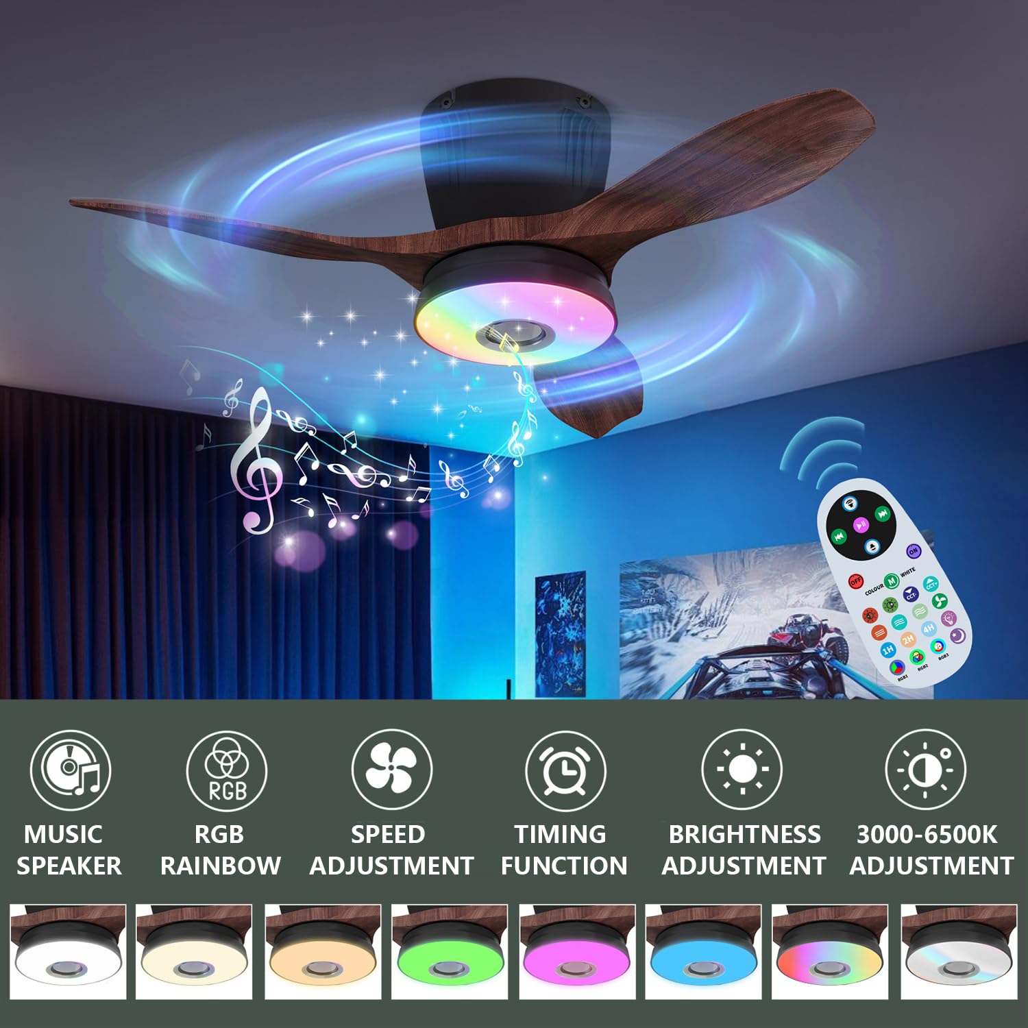 RGB Dimmable Plafonnier Ventilateur avec Telecommande LED Silencieux Ventilateurs de Plafond avec Lampe Douille E27 Fan Plafonnier Musique Lampe de Ventilateur pour Chambre à Coucher Salon (Noir)