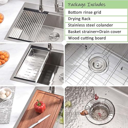 Miniatura 7 de Fregadero de cocina de 25 pulgadas con montaje superior de 25 x 20 pulgadas, fregadero de acero inoxidable calibre 16, fregadero de cocina con tabla