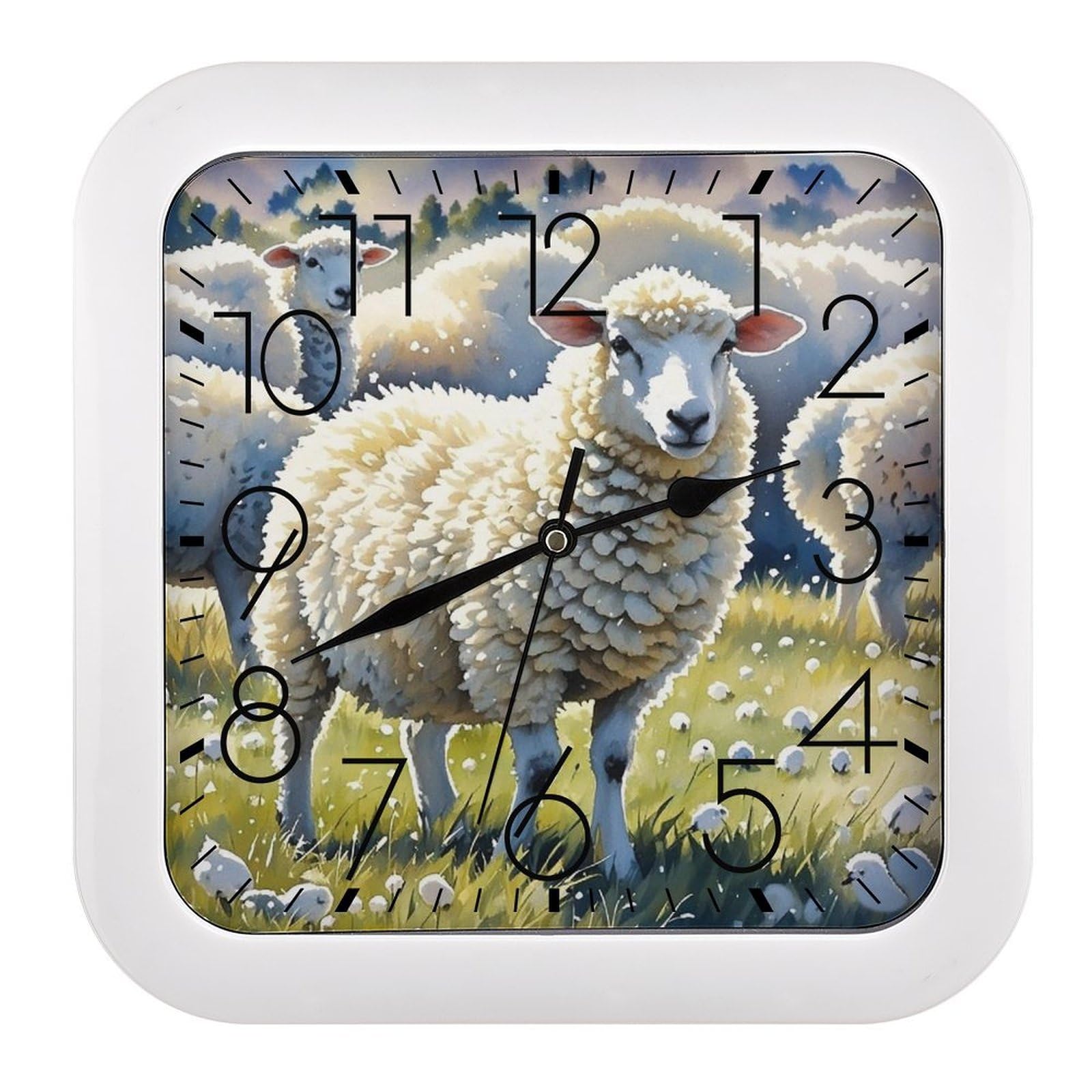 FekiLoot Square Sheeps Watercolor Wall Clock Decorative Battery Operated Analog Clocks Silent Non-Ticking Frame Wall Clocks Perfect Kitchen Or Office Clock 10 Inch