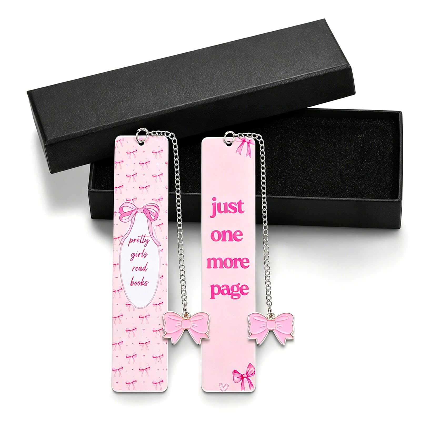 2Pcs Bow Bookmark with Box, Pink Metal Bookmark with Pendant, Cute Bookmarks for Women and Book Lovers, Delicate Book Accessories for School & Office