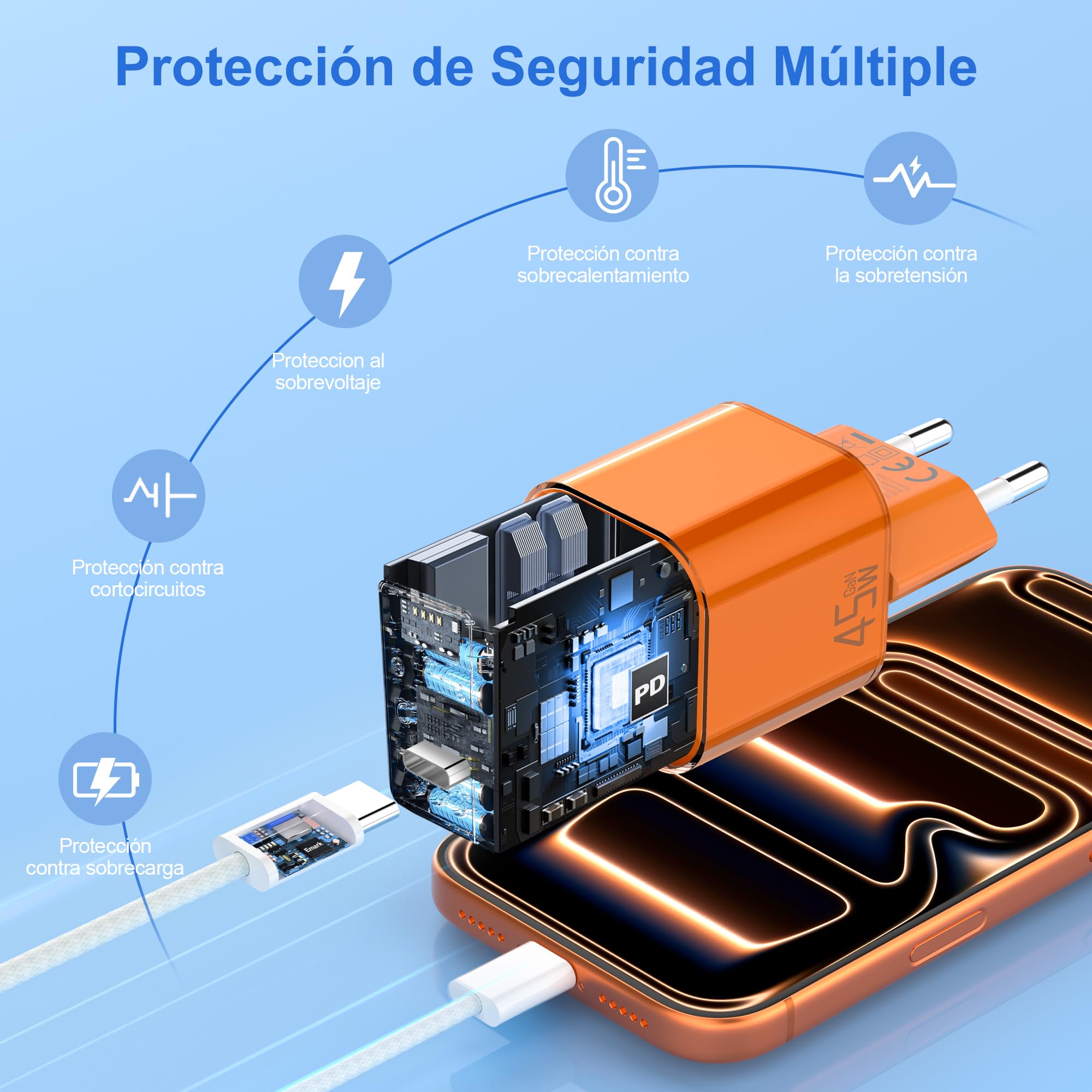 YISH Cargador USB C Carga Rapida 45W：GAN PD3.0 Enchufe USB C Movil Cargador Tipo C Carga Rapida Compacto para Teléfonos Inteligentes y Tabletas USBC Cargado Cabezal con 60W Cable Tipo C a C — view 5