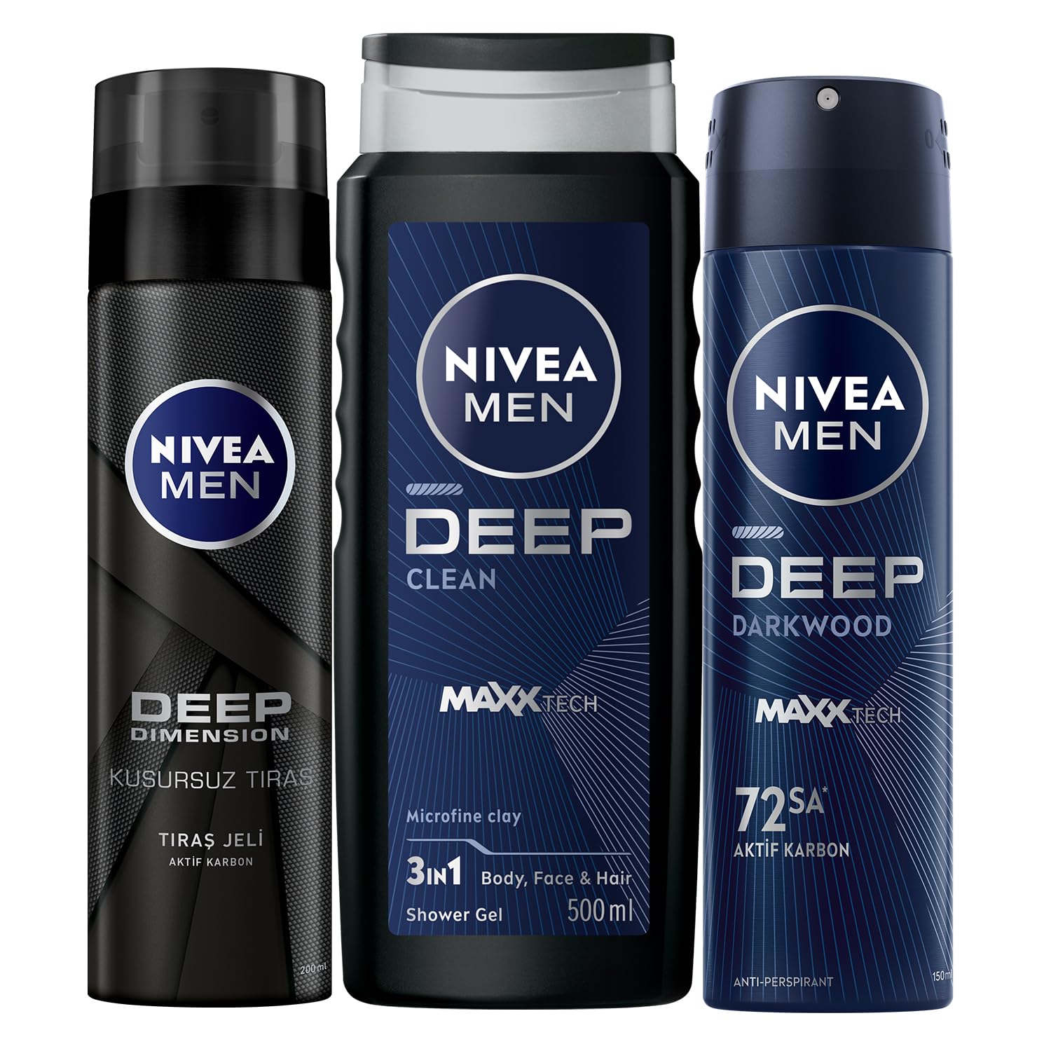 NIVEA MEN Erkek Deep Dimension Duş Jeli 500 ml + Tıraş Jeli Deep Dimension 200ml + Sprey Deodorant Deep Dimension Darkwood 150ml