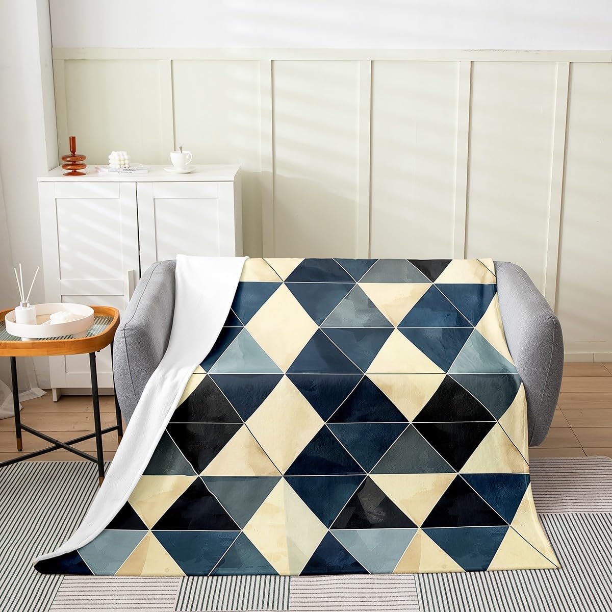Abstract Fleece Blanket,Geometric Triangles Grids Splicing Bed Blanket for Kids Teens,Watercolor Dark Green Beige Aesthetic Flannel Blanket for Room Decor,Queen 90"x90"