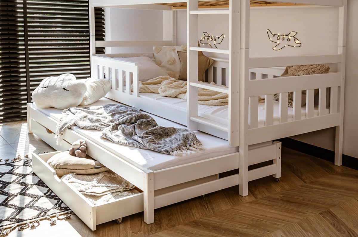 Kids Collective Hochbett 90x200 mit 3 Matratzen, Ausziehbett Etagenbett mit Ausziehfunktion, Zwei Schubladen, Lattenrost, Rausfallschutz umbaubar in DREI Einzelbetten, Vollholz massiv | weiß