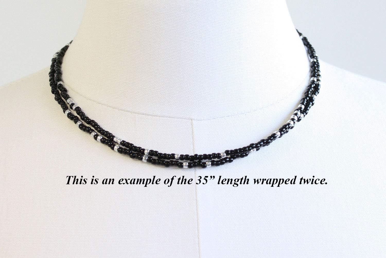 Black and Silver Seed Bead Necklace, Thin 2mm Single Strand Black & Silver Beaded Necklace