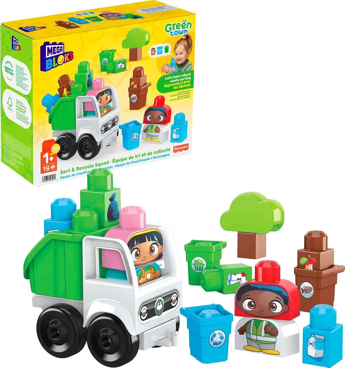 Bloques de construcción para niños pequeños de Fisher-Price, escuadrón de clasificación y reciclaje de ciudades verdes con 15 piezas, 2 figuras, ideas de regalos de juguetes para niños