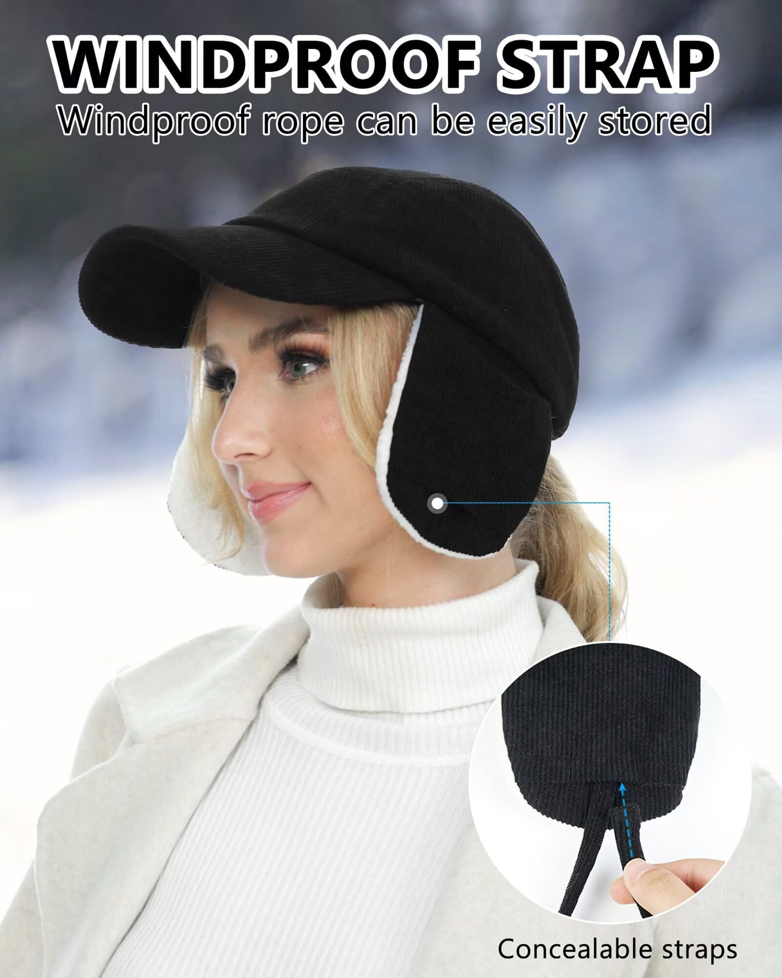 GADIEMKENSD Winter Trapperhut mit Ohrenklappen, Wintermützen für Frauen, Cord Baseballkappe