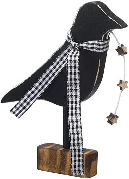 Wesiti Primitive Crow Decor Halloween Wooden Crow Table Centerpiece with Mini Grungy Stars and Black and White Plaid Scarf for Halloween Country Farmhouse Tray Room Decoration 3 Mini Stars