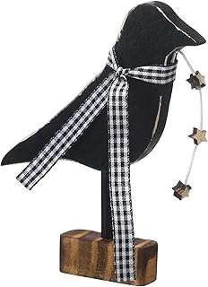 Wesiti Primitive Crow Decor Halloween Wooden Crow Table Centerpiece with Mini Grungy Stars and Black and White Plaid Scarf...