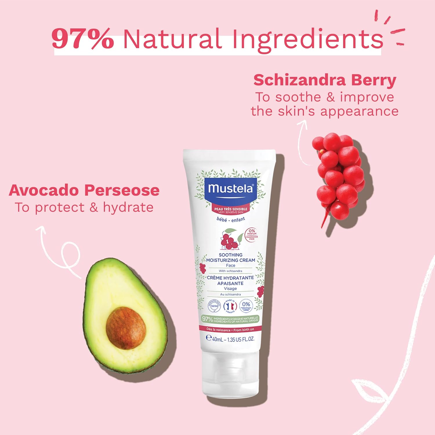 Mustela Baby Soothing Moisturizing Cream - Face Moisturizer for Very Sensitive Skin - with Natural Avocado & Schizandra Berry - Fragrance-Free - 1.35 fl. oz. - Image 5