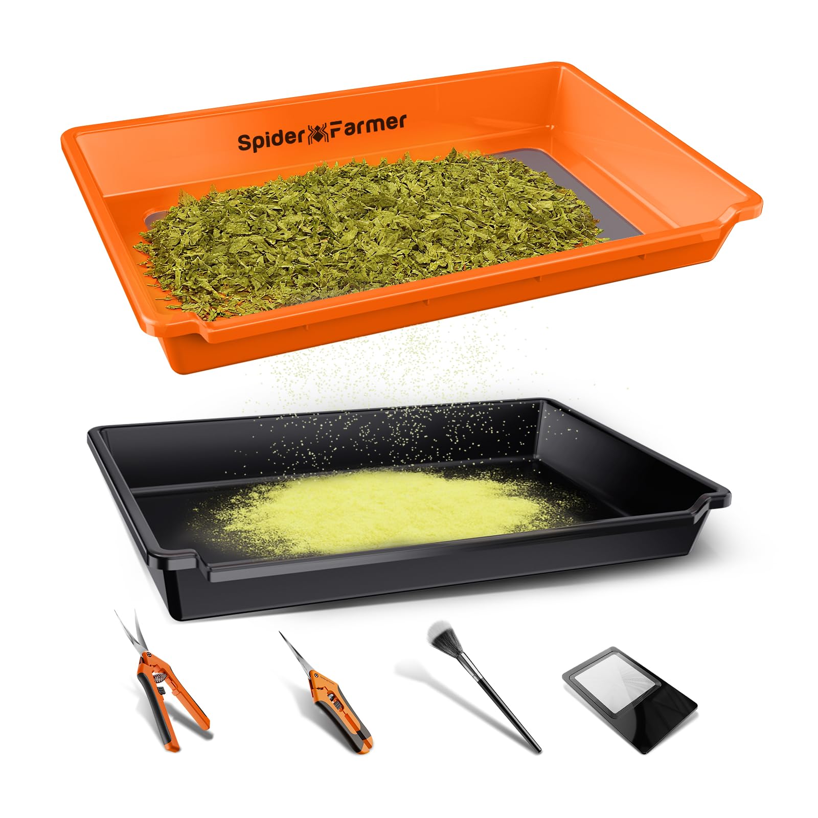 Spider Farmer Trim Tray Set mit 150 Mikron Pollensieb, Trimmschale & Ernte Zubehör, Dry Sift Sieb – Trimm-Set mit Auffangschale, Schere, Bürste & Lupe für sauberes und effizientes Trimmen