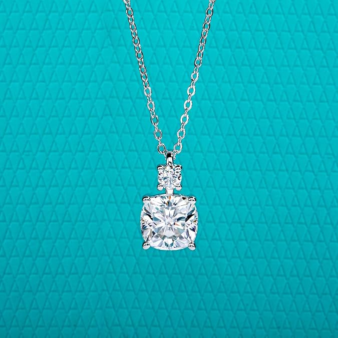 AnuClub Cushion Cut Moissanite Pendant Necklace D Color VVS1 925 Sterling Silver Refined Daily Necklace for Women with Certificate, 40+2+3cm Adjustable Chain