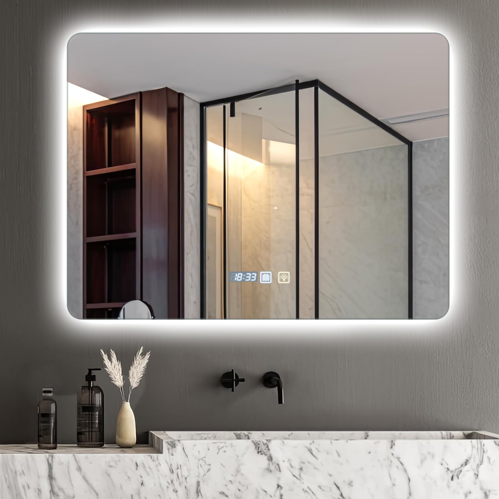 wowspeed Bathroom Mirror with Lights, 80 * 60CM Square Light Up Bathroom Wall Mounted Mirror With Touch Switch, Anti-Fog, 3 Color Dimmable, Memory Function Smart Backlit Illuminated