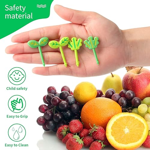 Miniatura 3 de Baderke 64 piezas de palillos de comida para niños, serie de hojas, caja Bento, palillos de frutas, caja Bento decorativa de plástico, accesorios
