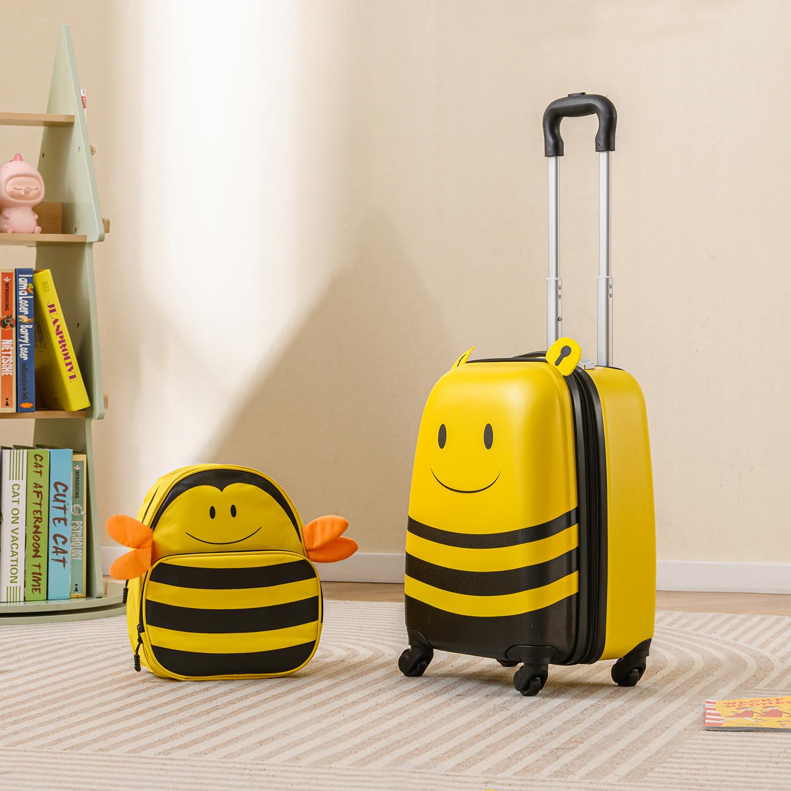 GOPLUS Kinderkoffer 2 TLG. mit Rucksack, Reisekoffer Set Kinder mit niedlichem Bienen-Rucksack & 18 Zoll Rollkoffer, 12”+16” Kindertrolley aus Kunststoff, Kindergepäck Flugzeug für Jungen & Mädchen