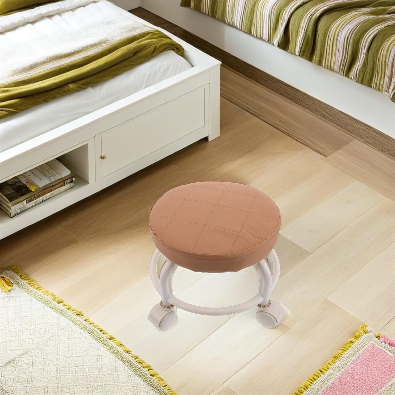 Ipetboom Pu Leather Swivel Stool with 360° Rotation and Caster Wheels, Low Rolling Footrest Chair for Spa Salon Office Use, Brown Round Rolling Stool for Beauty and Massage Professionals