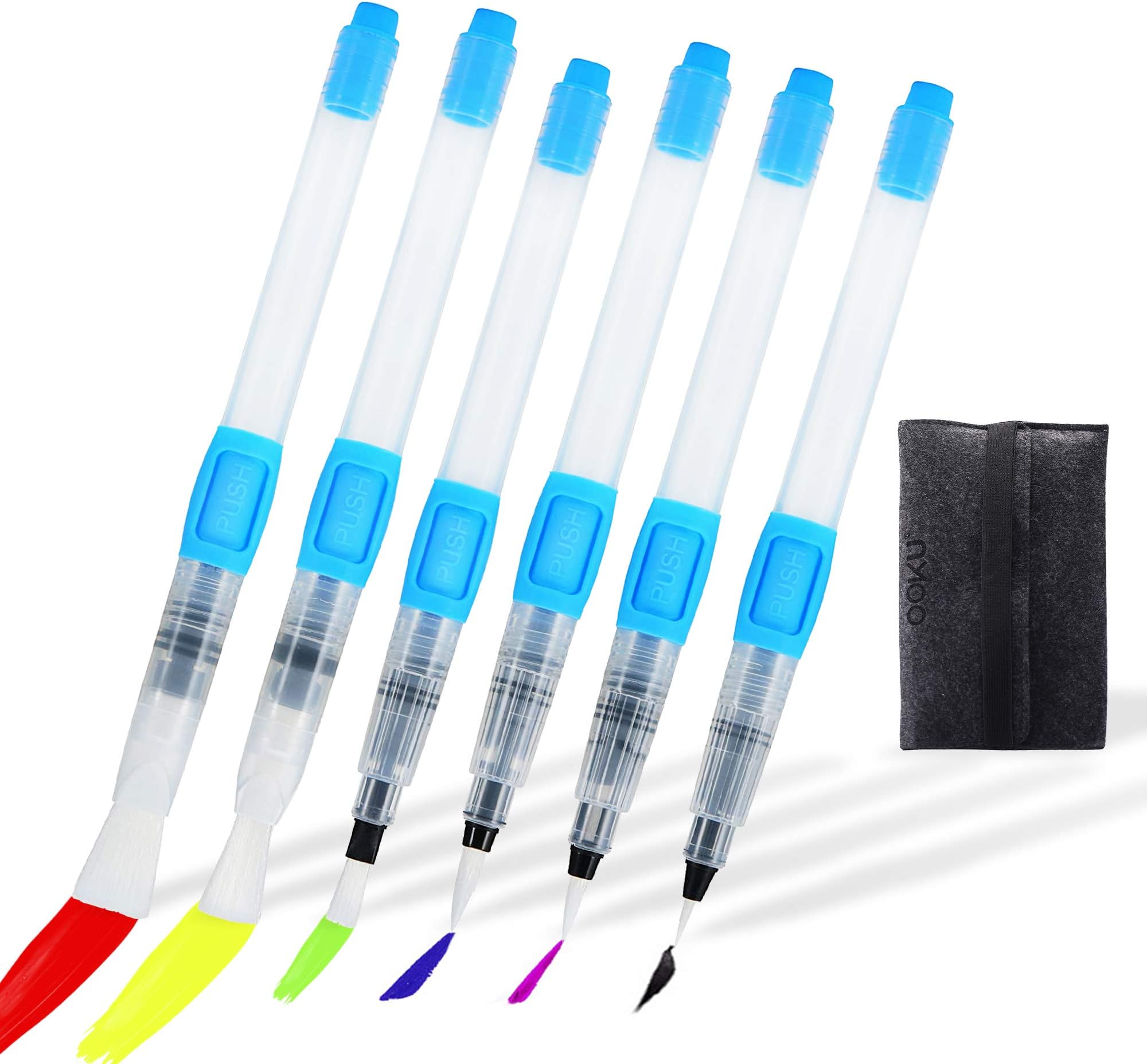 OOKU Watercolor Brush Pens- 6 Pc Professional Watercolor Pens With Push Button to Control Flow Speed, Self-Moistening Water Brush Pen | Used for Painting, Lettering, Coloring Water Color Brush