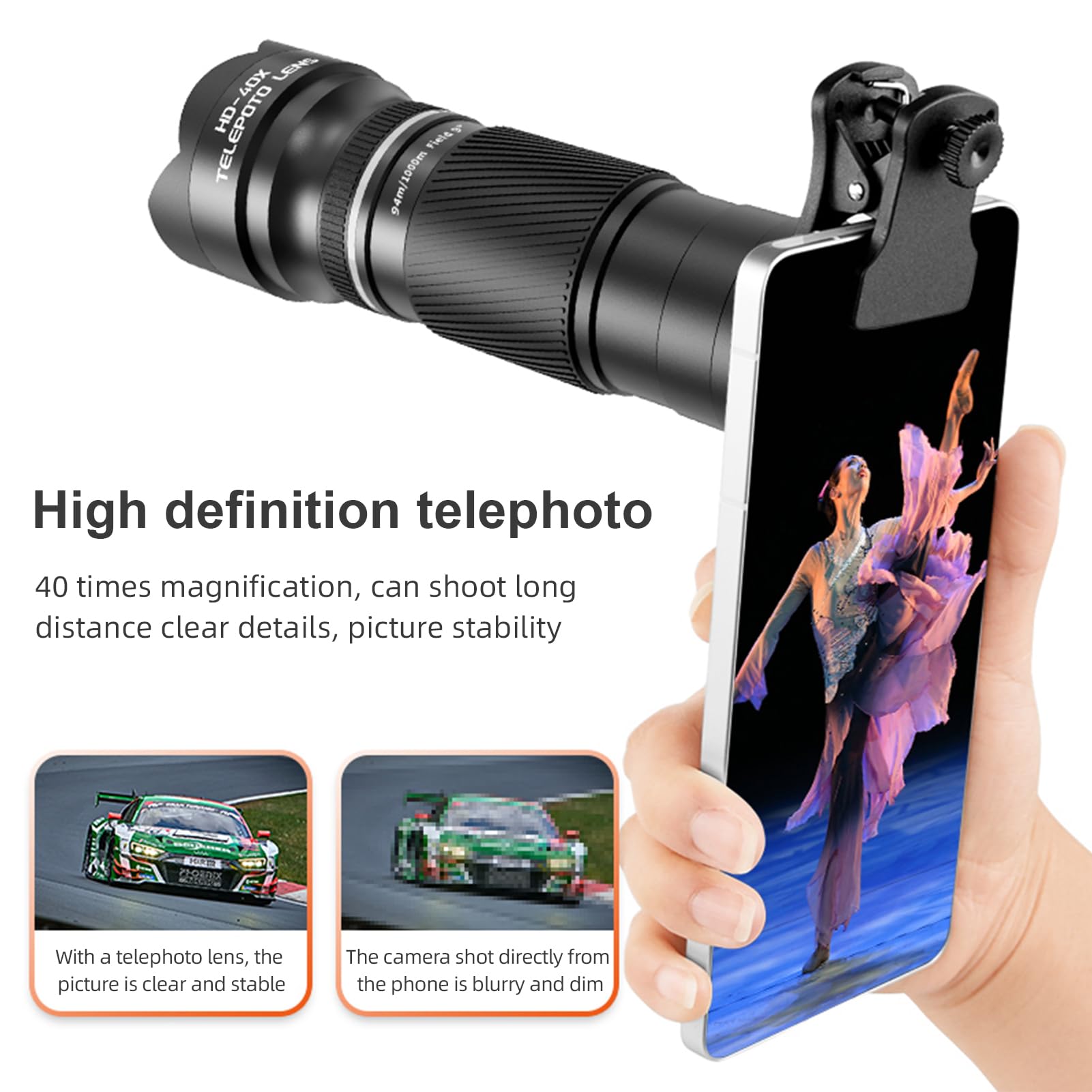 Andoer Objetivo de zoom de 40 aumentos con trípode, teleobjetivo telefónico telescopio para teléfono, lente de cámara para senderismo, camping, observación de la fauna, luna, deportes, juegos,