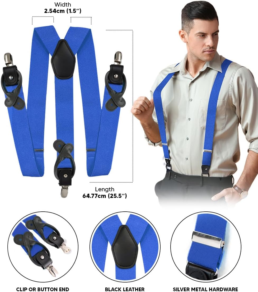 Convertible Suspenders with Interchangeable Clip & Button End Styles, Elastic Y-Back