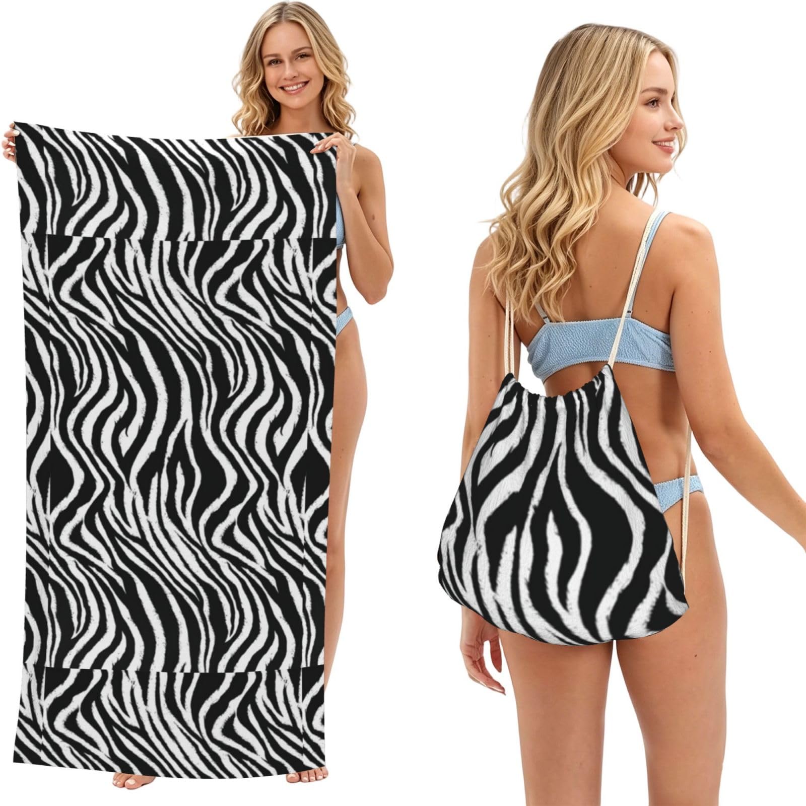 Poadnly As Picture Zebra Print, 2 In 1 Packable Towel Bag, Beach Towels With Drawstring Backpack For Travel Holiday Camping