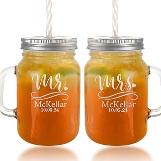 Personalized Mason Jar Drinking Glasses Bulk, 16 oz Custom Wedding Glasses with Handles for Anniversaries Groom Bride，Wedding Gifts for Guests (Mr.Mrs-2Pack)