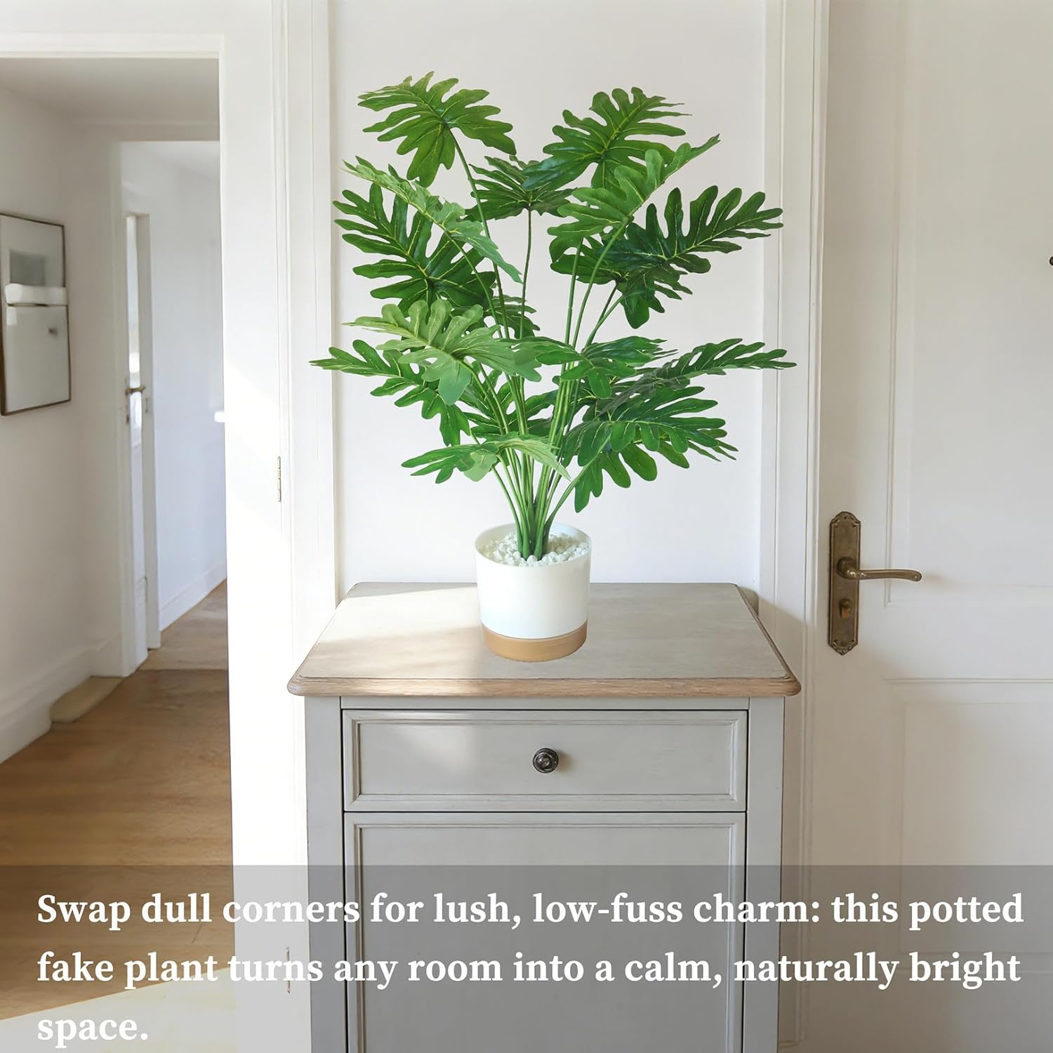 Realistic 24" Potted Artificial Philodendron Selloum Plants – Fake Tall Tropical Plants with Pot for Indoor Outdoor Home Living Room Office Desk Shelf Decor