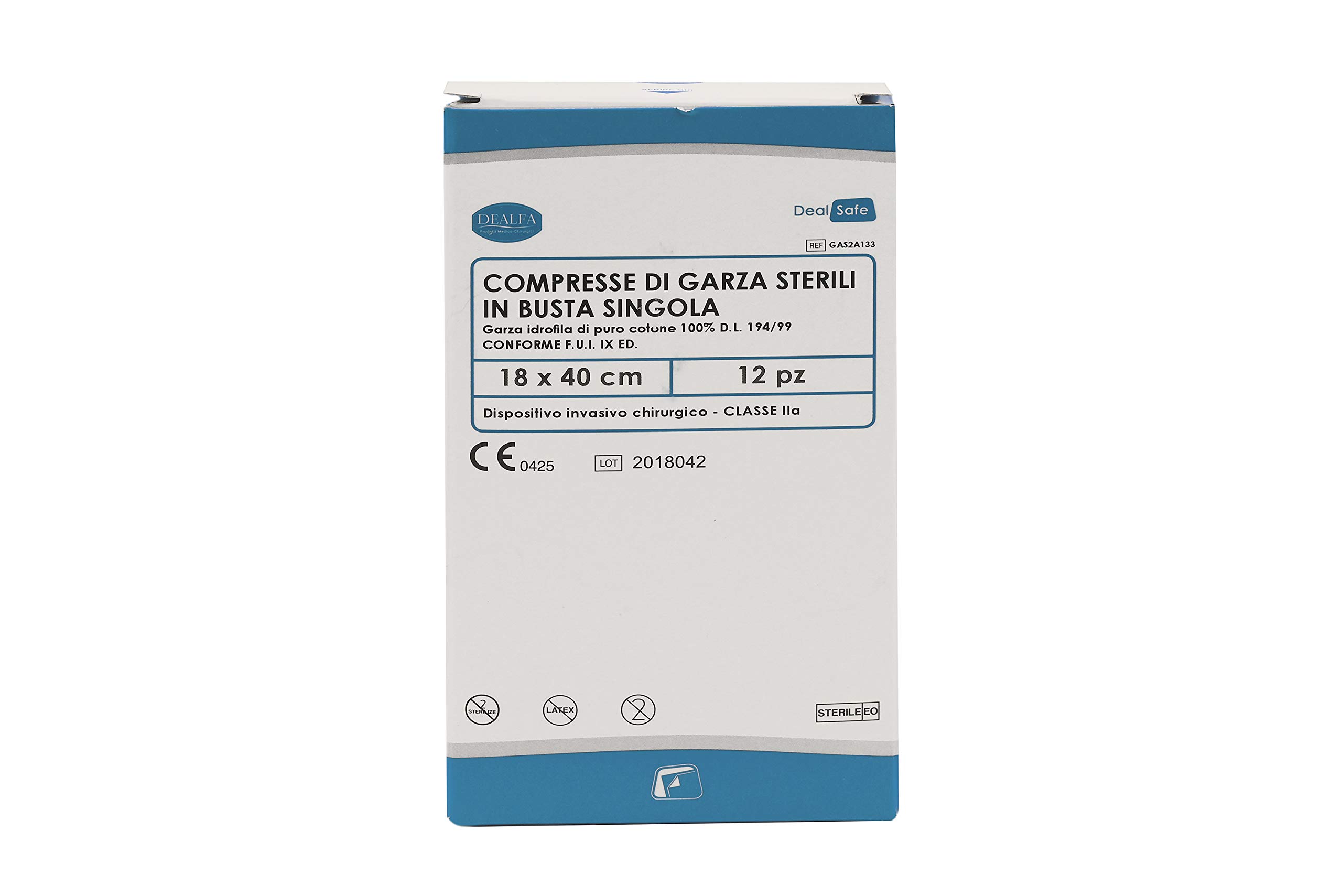 DEALFA Compresse di Garza Sterili - 18x40 cm - 100% Puro Cotone - per Medicazione, Cura e Pulizia Ferite - Monouso - Busta Singola da 1 Pezzo - Confezione da 12 Buste