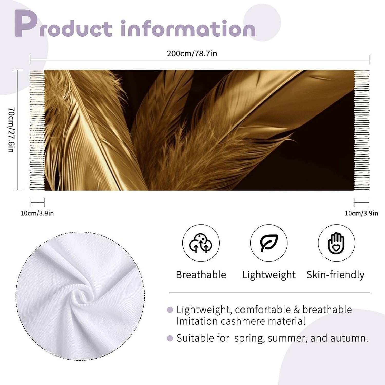 Golden Feathers Scarf for Women Men Soft Warm Fashion Blanket Scarves Classic Cashmere Feel Scarf Long Shawl Large Scarves Cold Weather Thick Blanket Scarfs