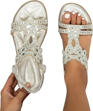 Womens Bohemia Flats Sandals Bohemia Rhinestone Open Toe Elastic Ankle Strap Sandals Summer Beach Shoes Sandals