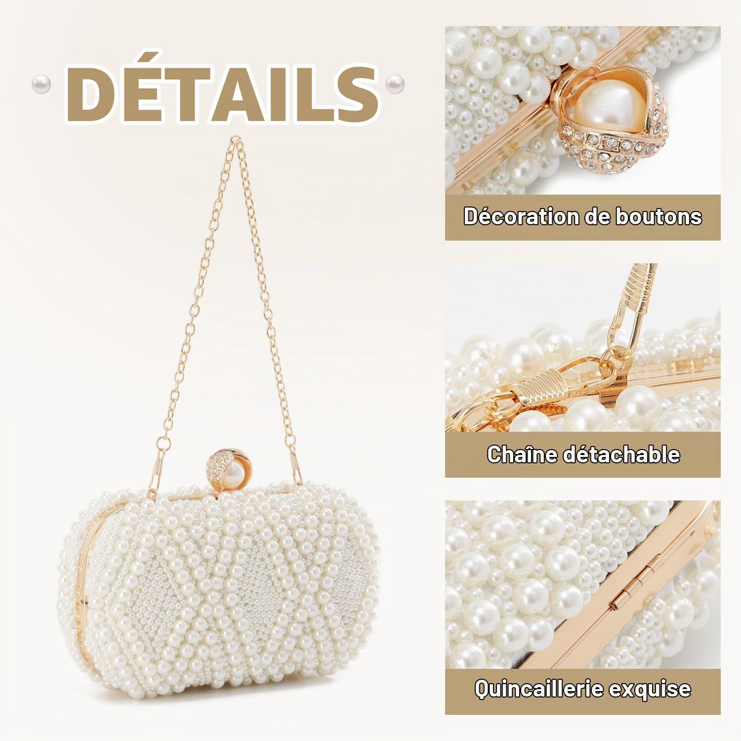 EVEOUT Élégant Sac à Main de Mariage en Perles Femme Pochette de Mariée avec Poignée et Bandoulière Clutch Sac bandoulière pour soirée fête