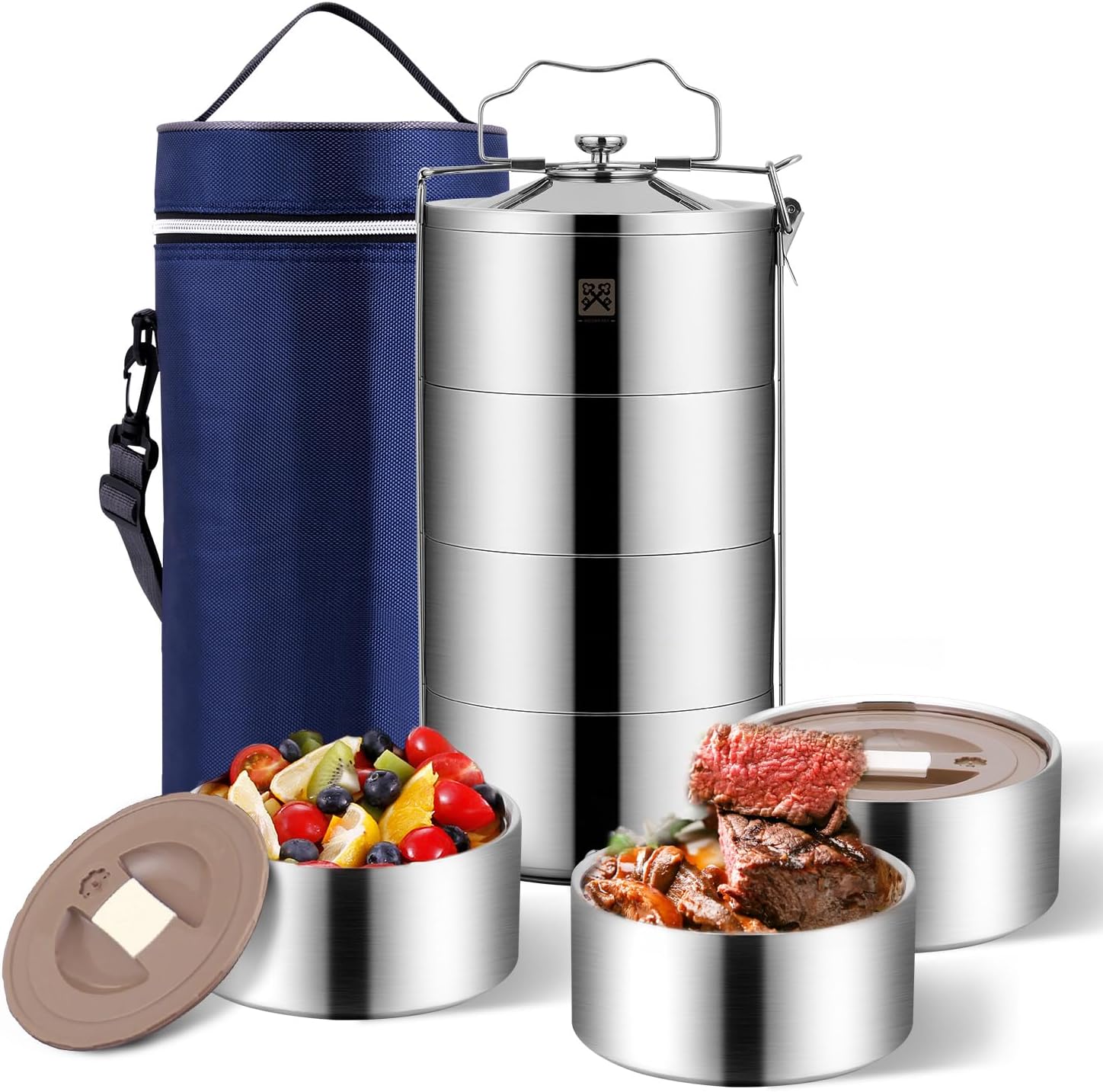 GOLDEN KEY 80oz Stainless Steel Stackbale Lunch Box for Adult, 4-Tier Food Container, Leak-Proof & Stackable Large Capacity Metal Bento Box with Lunch Bag, (80OZ, Silver) - Extra Large