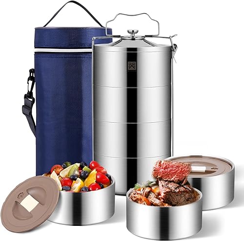 GOLDEN KEY Lonchera apilable de acero inoxidable de 80 onzas para adultos, contenedor de alimentos de 4 niveles, a prueba de fugas y apilable, caja