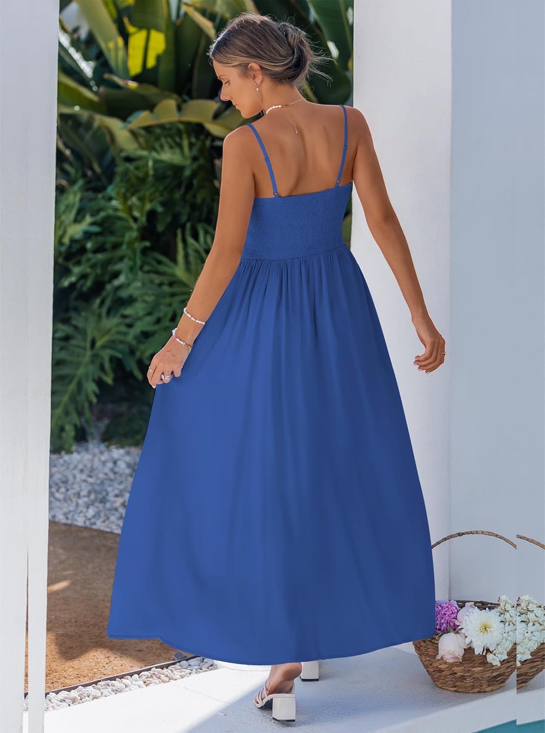 Women Spaghetti Strap Dress Flowy Summer Boho Maxi Dress Sleeveless Beach Vacation Long Dresses Sundress with Pockets - Image 7