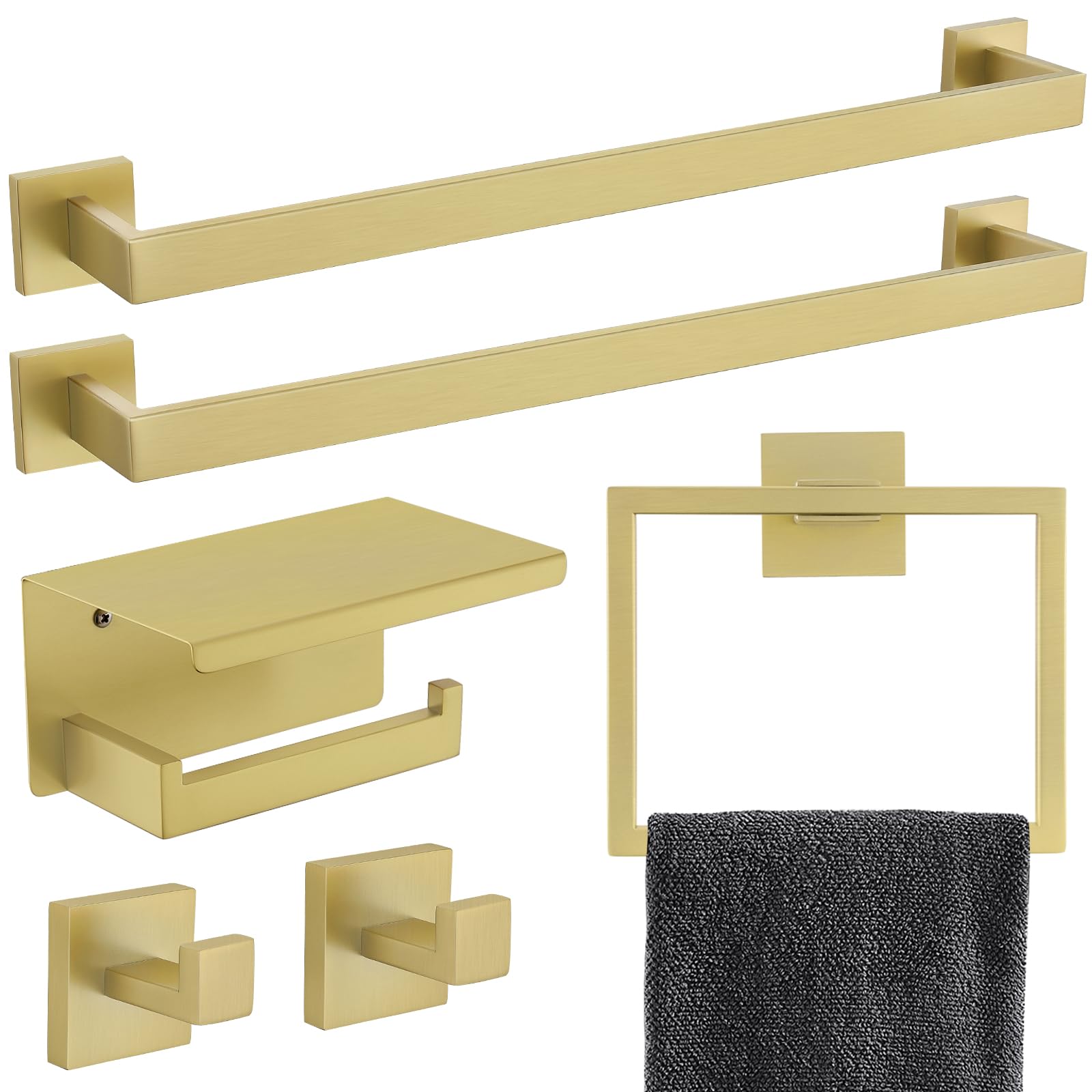 Set di 6 pezzi di accessori da bagno in oro chiaro spazzolato Set di portasciugamani doppio barra portasciugamani anello appendiabiti e porta carta igienica con mensola Set di accessori da bagno