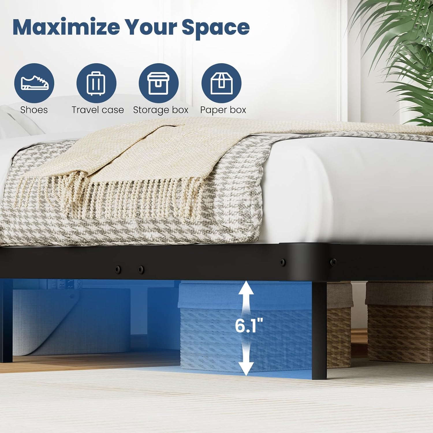 Floating Bed Frame Queen Size with LED Lights 7.7 Inch Heavy Duty Metal Platform Queen Bed with Underbed Storage Space Steel Slat Support Anti-Slip Easy Assembly, Black