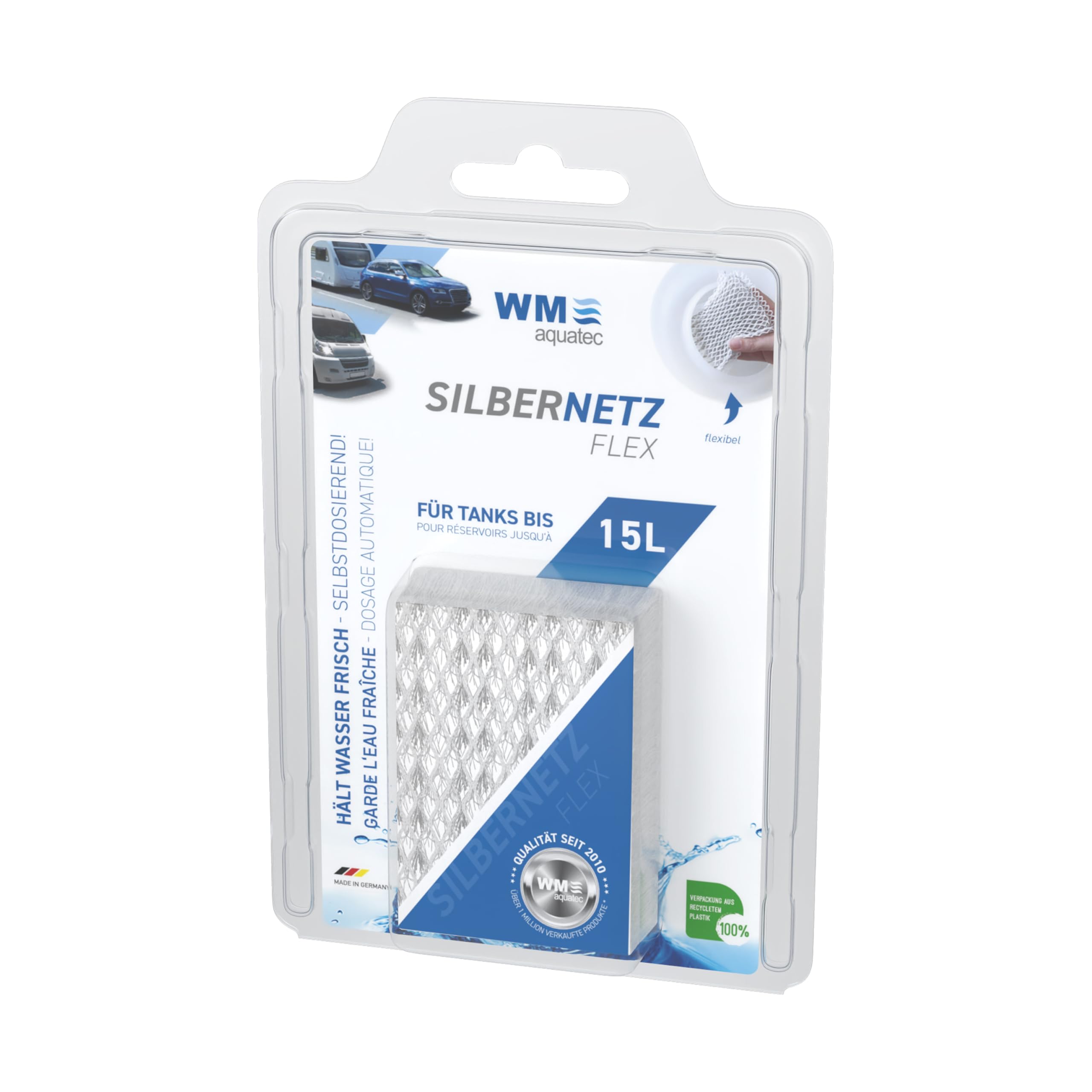 WM aquatec Silvernet Flex STSN-​15 | Conservation de l'eau pour réservoirs jusqu'à 15 L | Conserve 750 L d'eau grâce au dosage automatique d'ions d'argent purs | Fabriqué en Europe