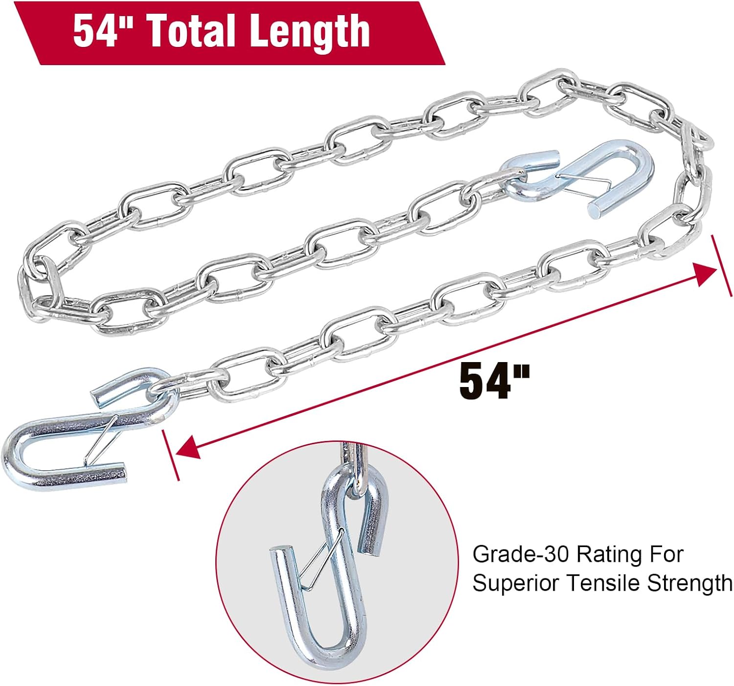 NBJINGYI 5/16" X 54" Trailer Safety Chain with Spring Clips Grade 30 with 2 S Hook 2PCS