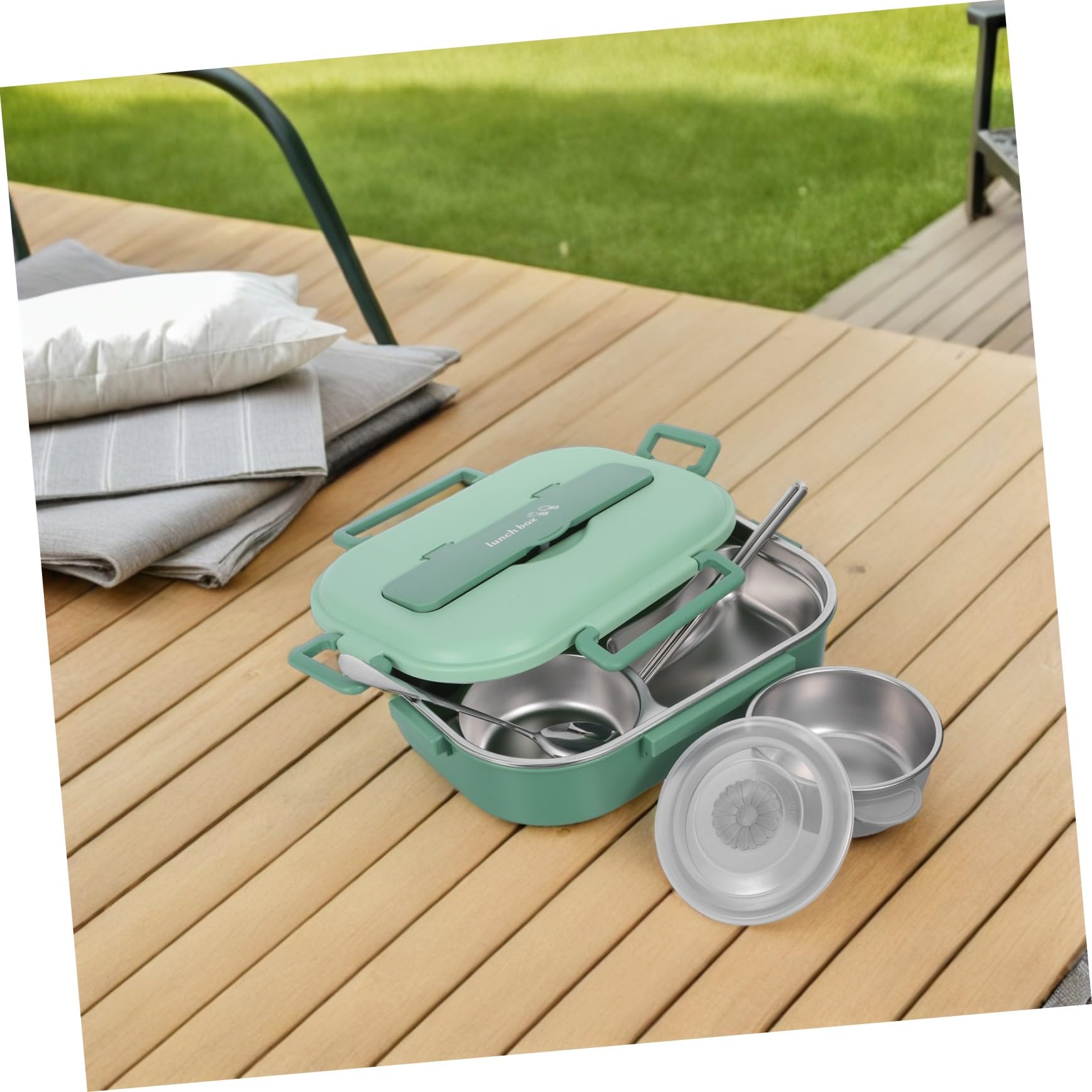 Alipis Bento Lunch Box in Acciaio Inox 1500ml 4 Scomparti | Verde, Set 1 Pezzo con Ciotola per Zuppa e Posate, per Scuola e Gite Lunghe