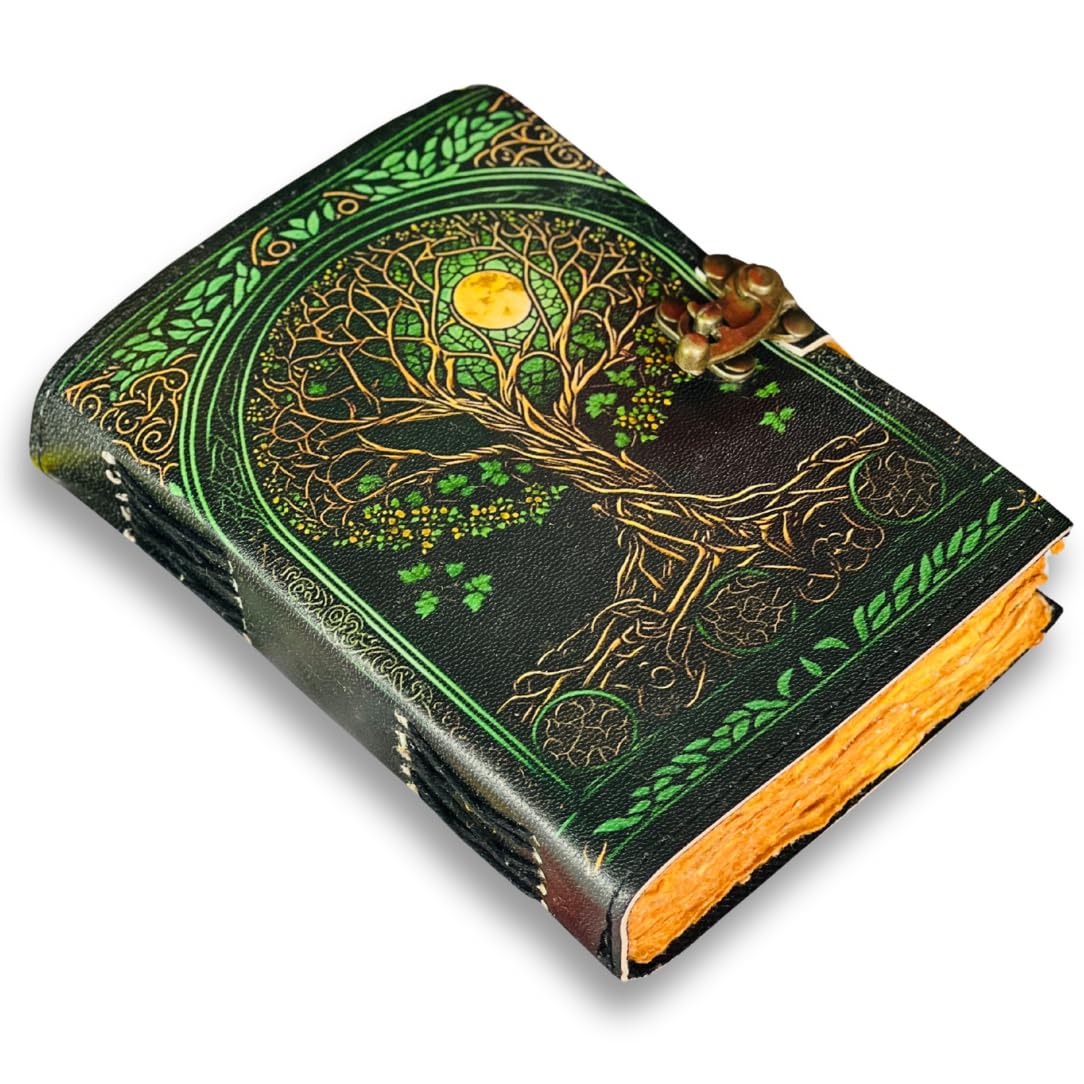Tree of Life Leather Travel journal For Women with lock Premium Print - 7"X5" 200 Vintage Deckle Paper - Journal for men - Leather Bound Journals for women Best New Job Gifts for Women & Men Green Tr — image 1