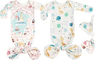 Newborn Knotted Sleeper Gown Baby Nightgowns 0-3 Months | Baby Boys Girls Long Sleeve with Mittens Coming Home Outfit Beanie Set 2 Pieces