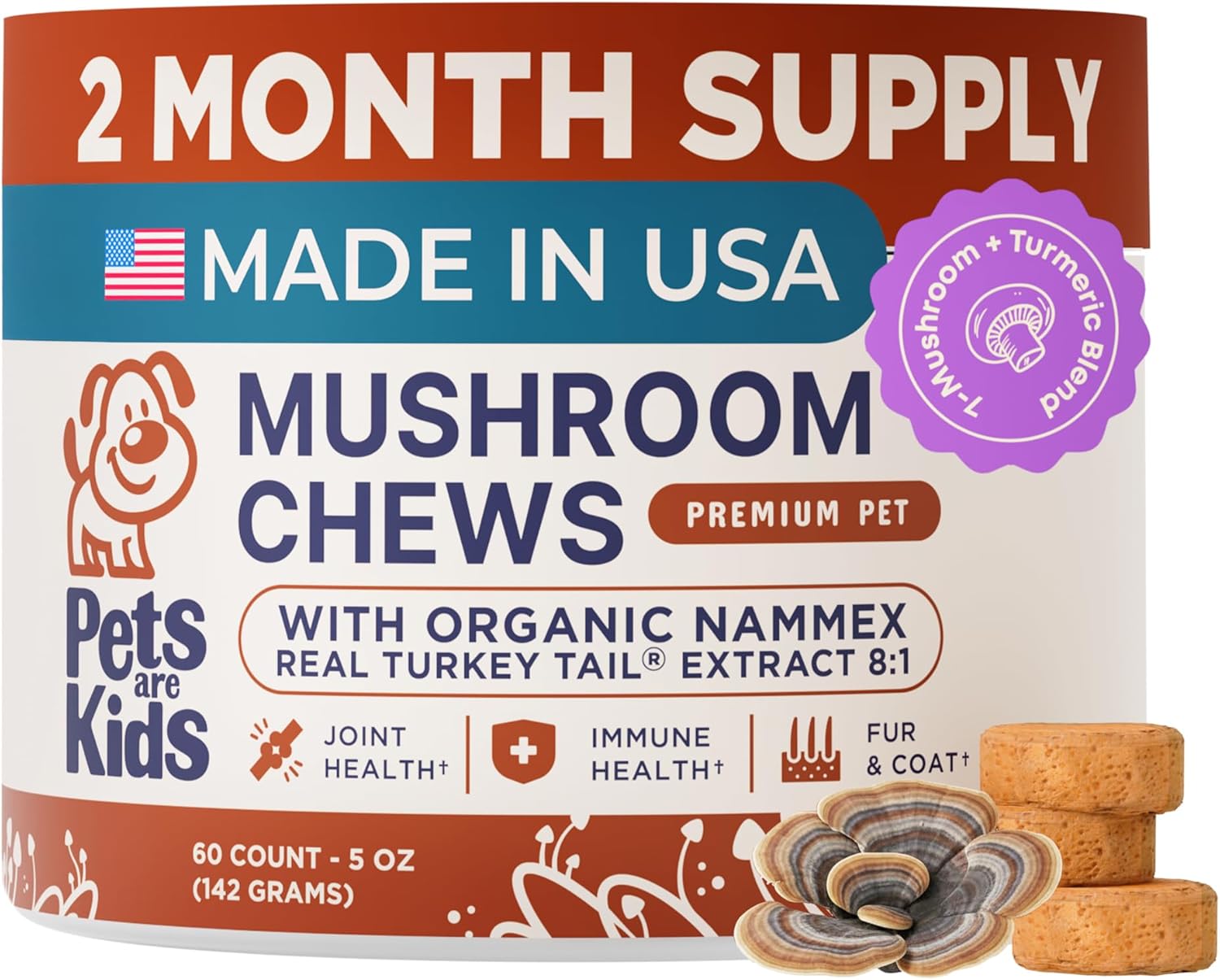 Pets are Kids Turkey Tail Mushroom for Dogs with Organic Real Turkey Tail™ - 8:1 Extract Mushroom Chews for Lumps & Bumps, Immunity, Gut, Skin, Joint & Spine Support - Reishi, Lion’s Mane - 120 Chews
