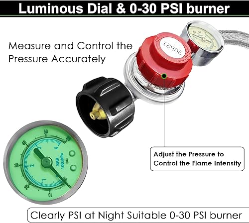 Miniatura 5 de Regulador de propano ajustable de 0-30 PSI, manguera trenzada de acero inoxidable con manómetro, 2 mangueras de divisor en Y QCC1 a 38 pulgadas,
