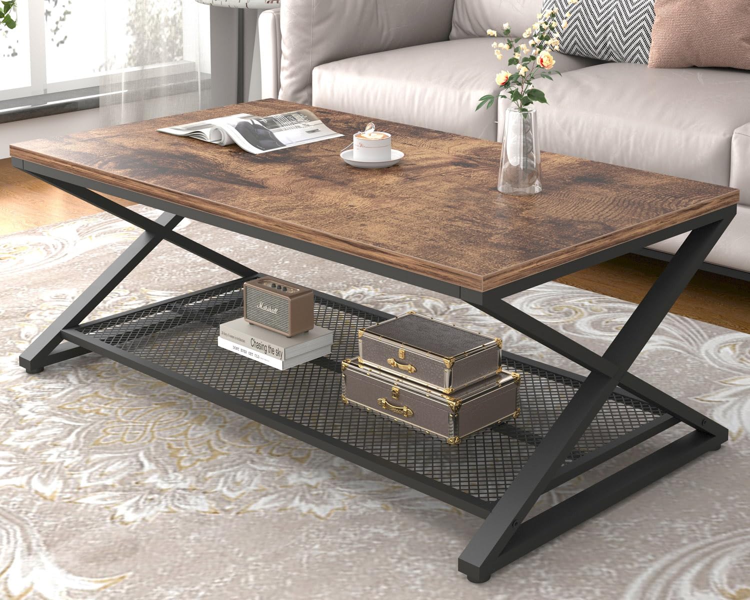 LVB Rustic Coffee Table with Storage, Industrial Wood Metal 2 Tier Center Living Room Table with Mesh Shelf, Farmhouse Wooden Low Rectangle Cocktail Tea Table for Office Bedroom, 47 inch, Rustic Brown