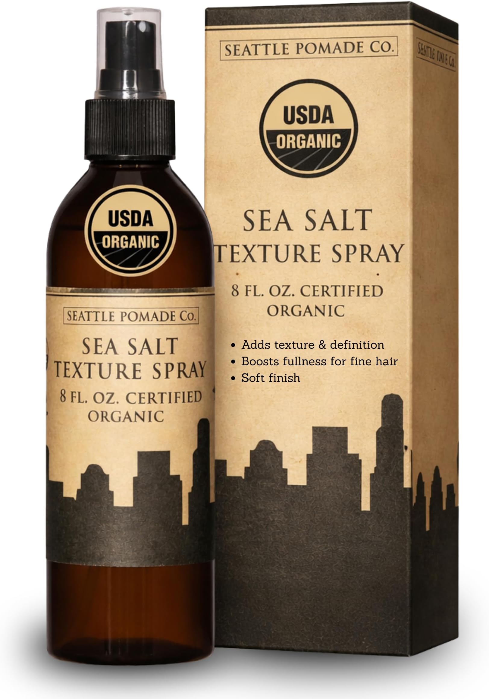 Seattle Pomade Co. Certified Organic Sea Salt Spray. Made with organic materials from around the world. Natural based sea salt spray for men or women. 8 floz. Non-GMO & Vegan Sea Salt spray for hair