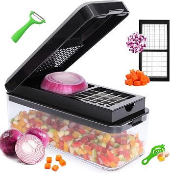 Vegetable Chopper, 4 in 1 Veggie Chopper, Multi-functional Salad Chopper, Mandoline Slicer, Onion Chopper, Food Chopper with Container and Lid Black