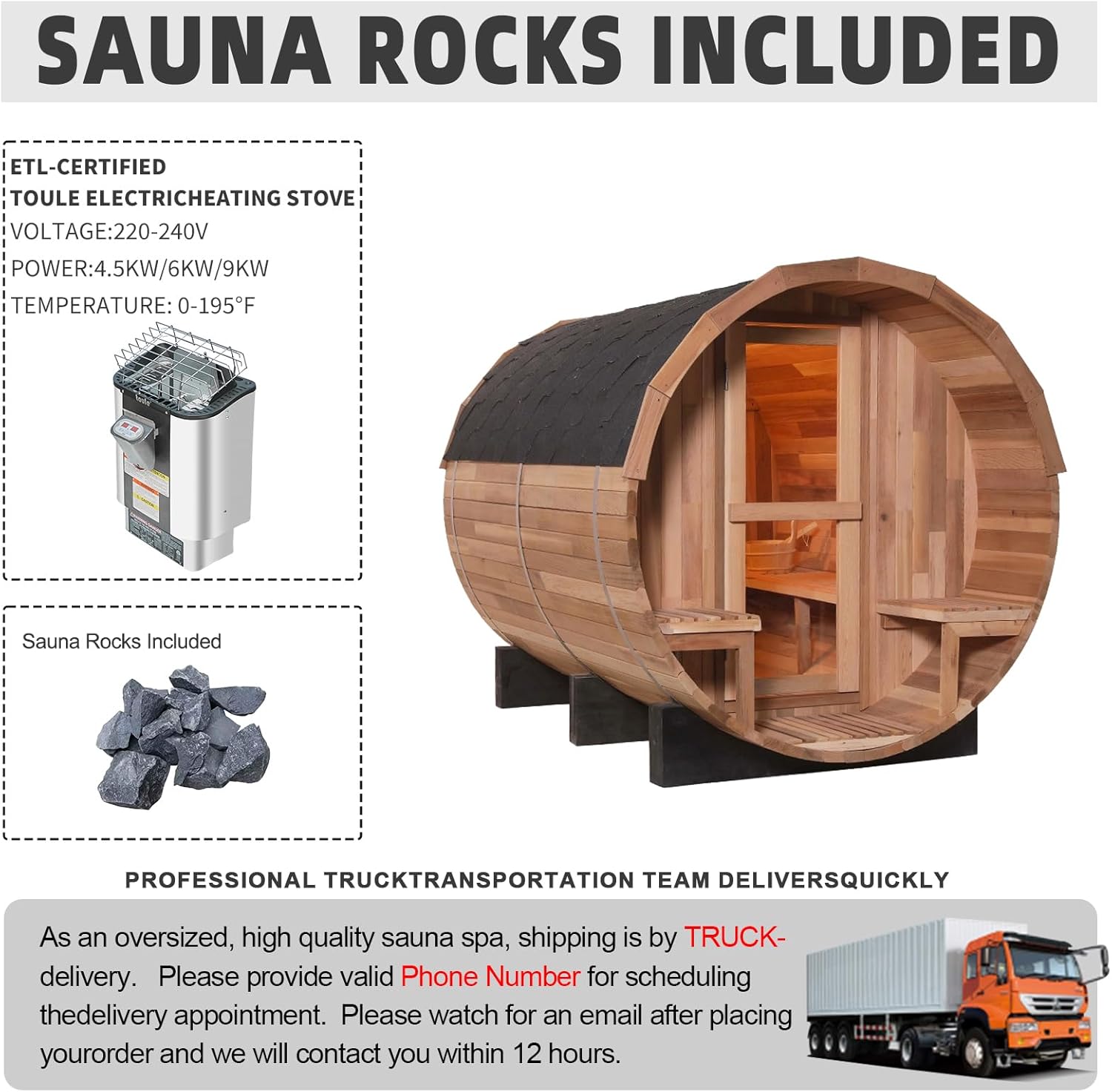 Barrel Steam Sauna Room with Porch, 4-6 People Canadian Red Cedar Outdoor Sauna, ETL TOULE 6KW Stove with Stone, Asphalt Shingles, Rugged Base(0-195℉)