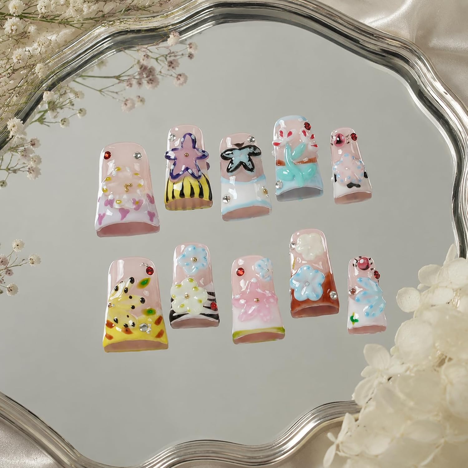 Handmade Press on Nails Short Duck, 3D Floral & Star Fake Nails with Mixed Color Art Design, Cottagecore Arsthetic False Nails for Nail Art (Whimsy Garden, S)